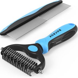 Pet Grooming Combo - Blue Deshedding Brush with Metal Comb